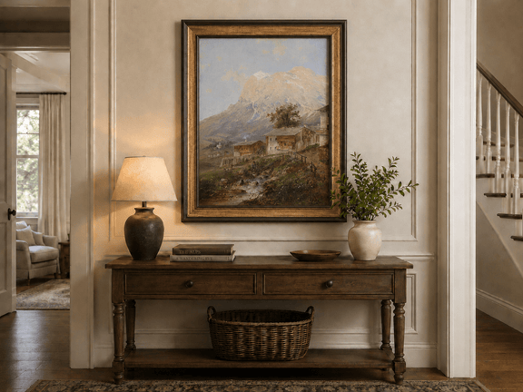 Alpine mountain village, stream and cottages hand-painted oil artwork shown as home wall decor.