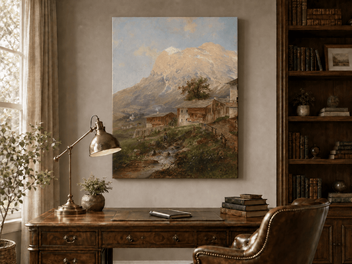 Interior wall art view featuring an alpine mountain village with stream and cottages oil painting.
