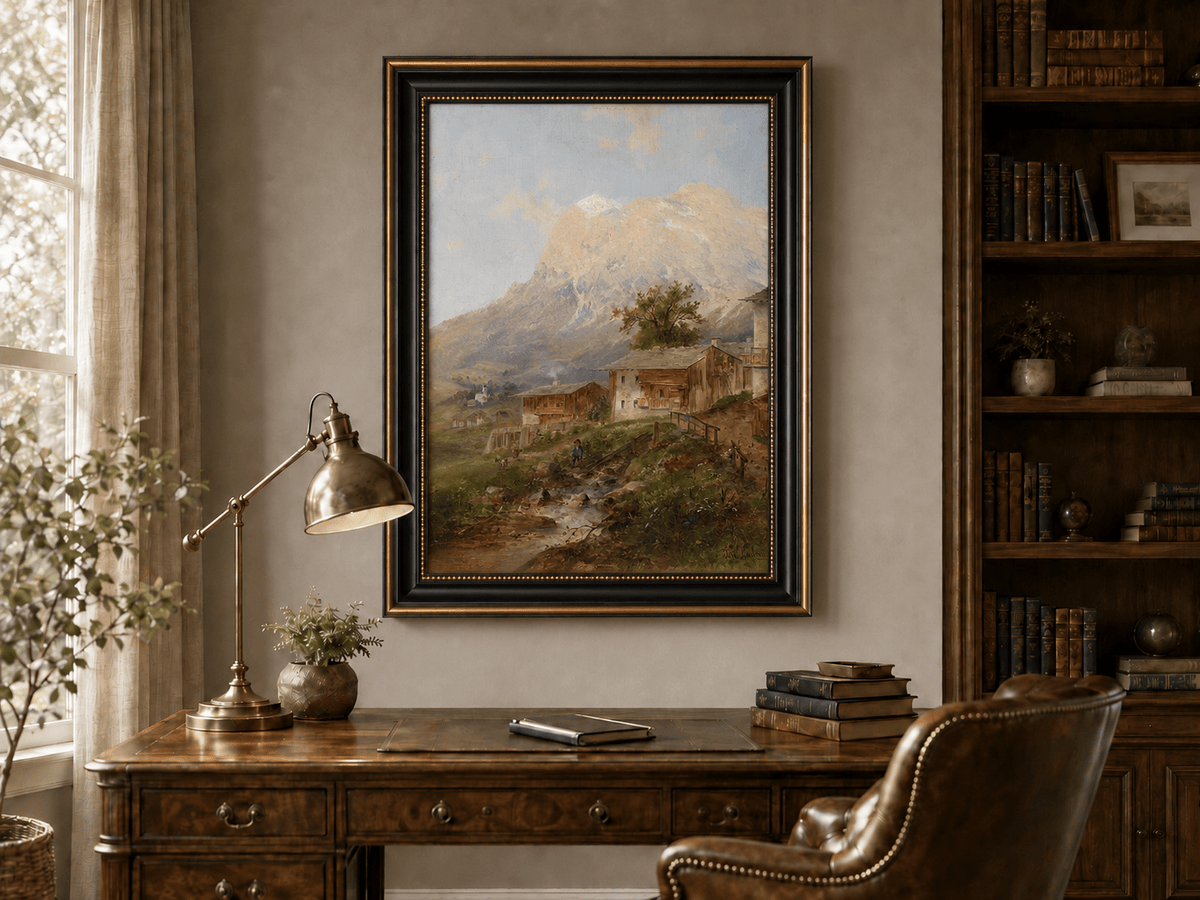 Alpine mountain village landscape oil painting presented in an interior wall art mockup.