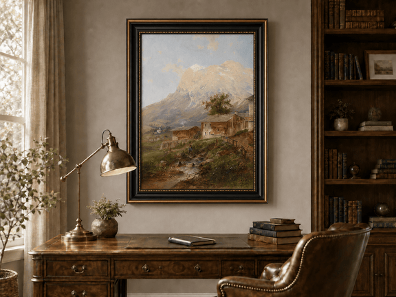 Alpine mountain village landscape oil painting presented in an interior wall art mockup.