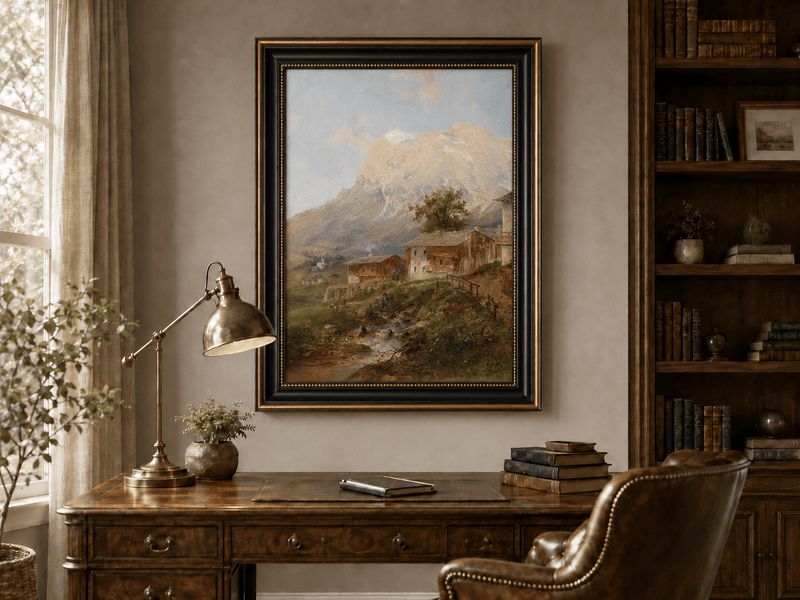 Alpine mountain village landscape oil painting presented in an interior wall art mockup.