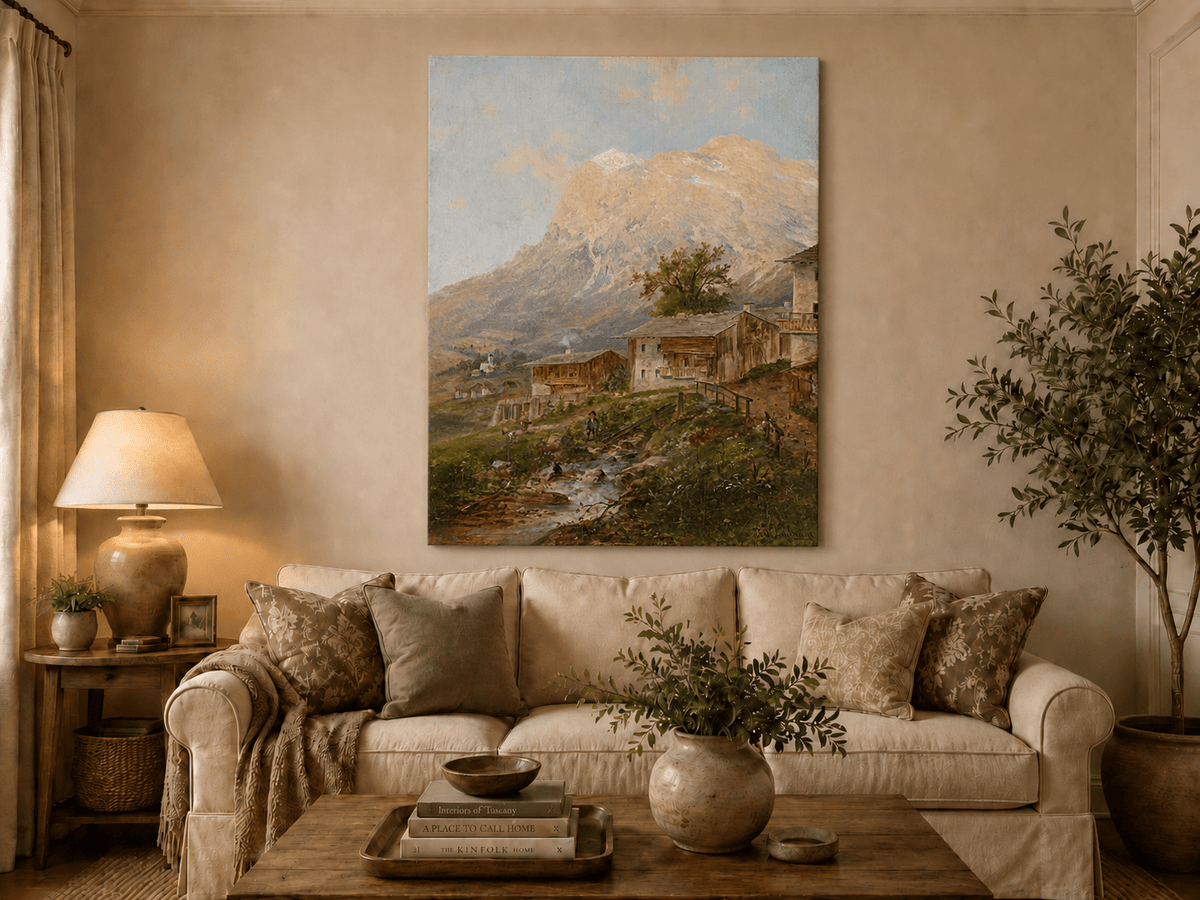 Alpine mountain village hand-painted oil artwork displayed in a second interior view.