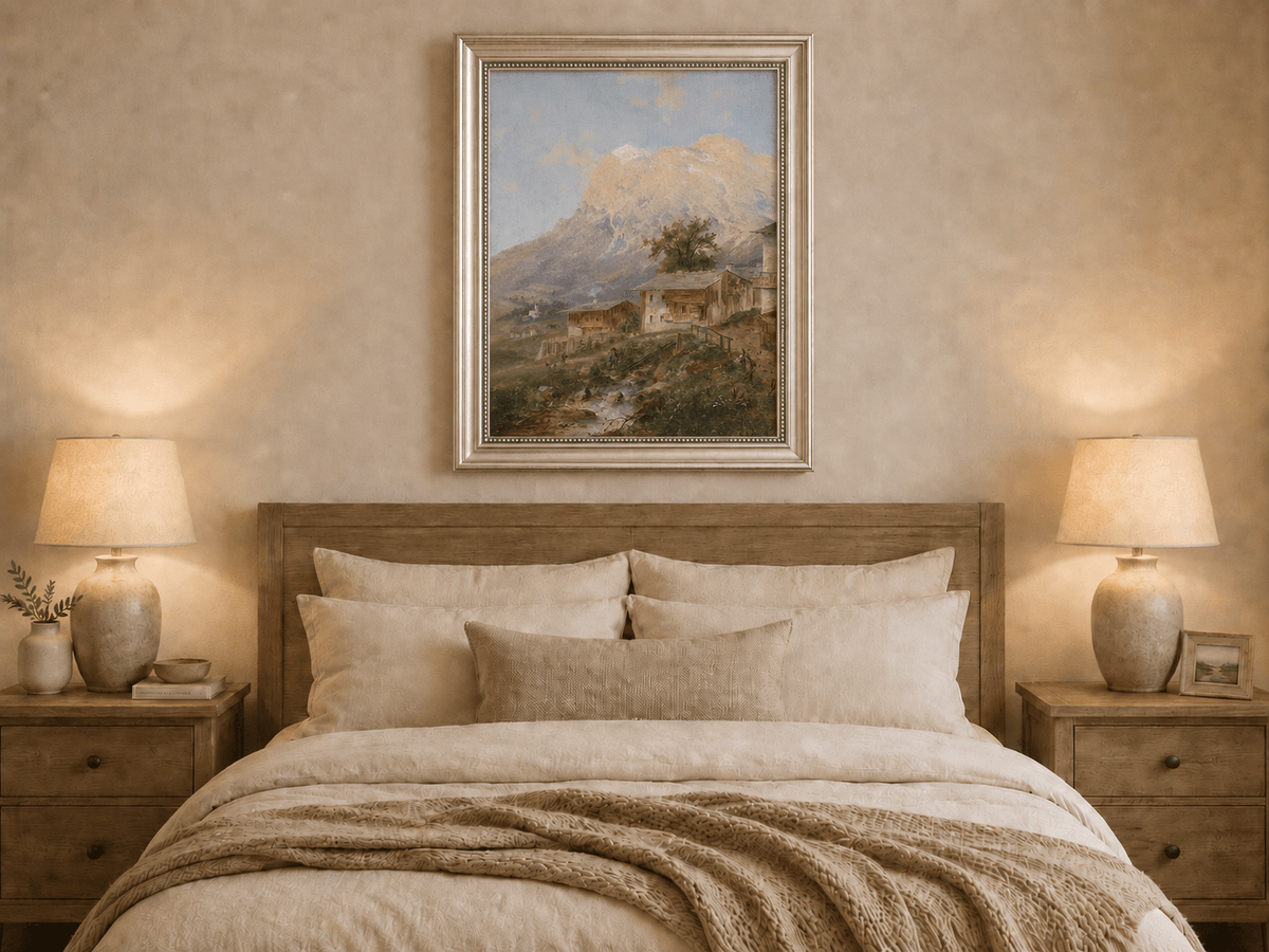 Hand-painted alpine village with stream and cottages artwork displayed as decorative wall art.
