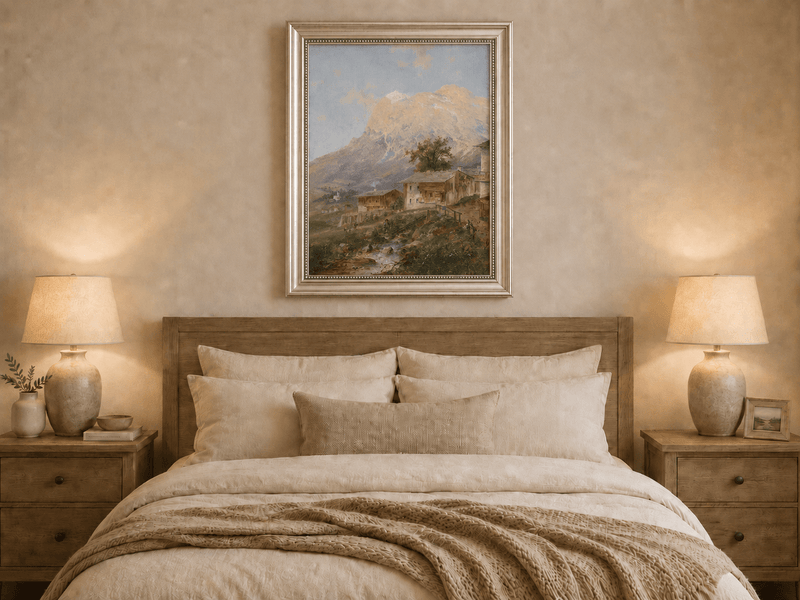 Hand-painted alpine village with stream and cottages artwork displayed as decorative wall art.