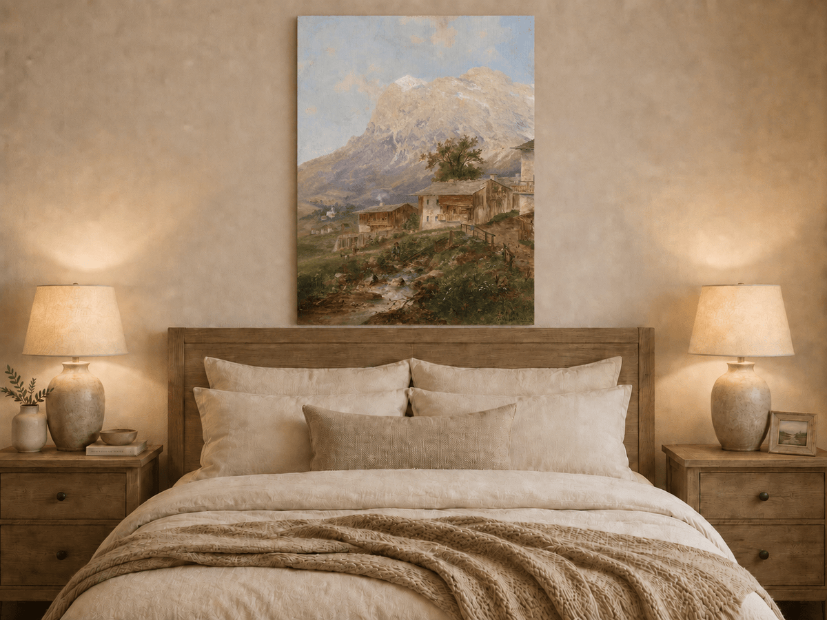 Alpine mountain village oil painting displayed as landscape wall decor.