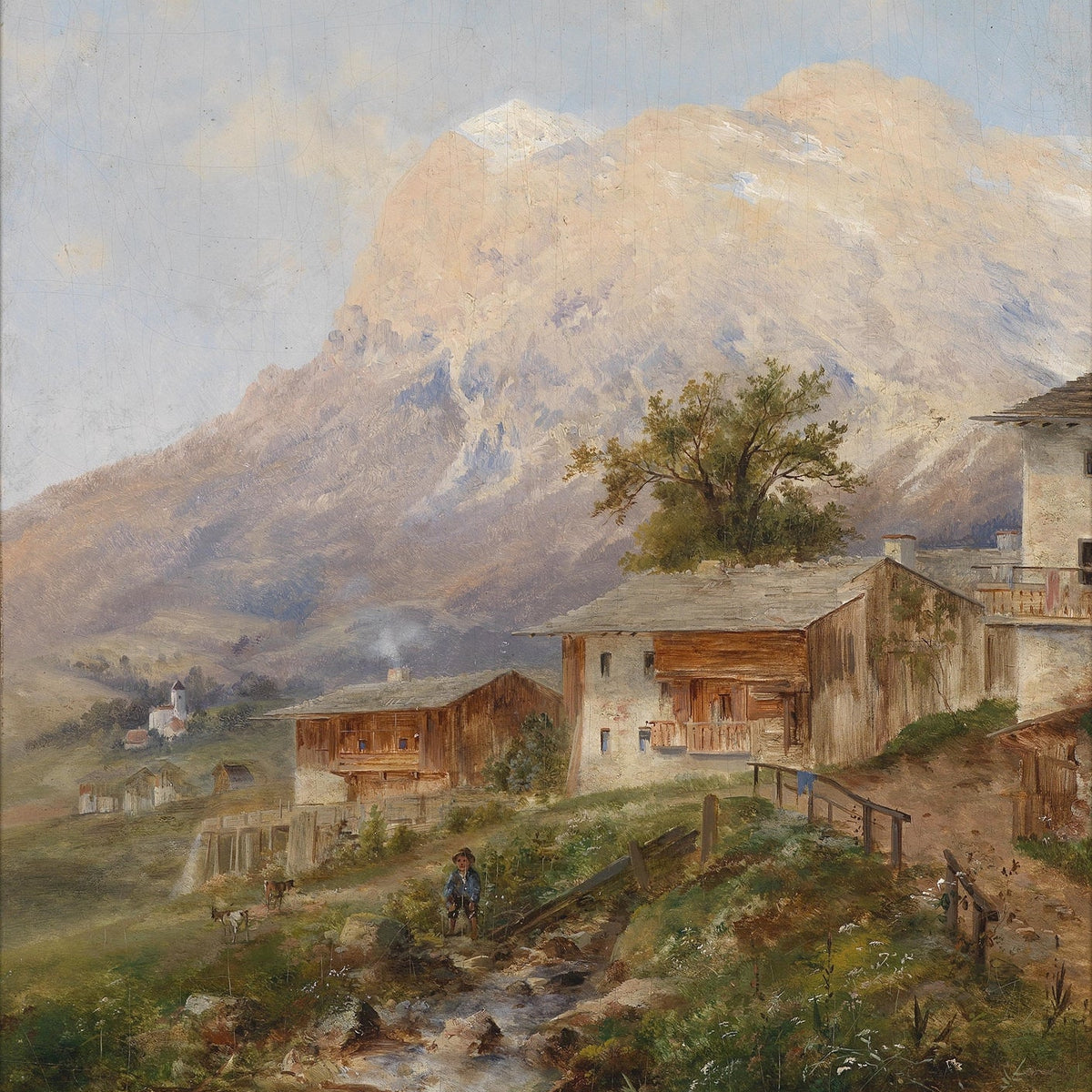 Landscape Oil Painting - Alpine Mountain Village, Stream & Cottages - Oil Painting Haven