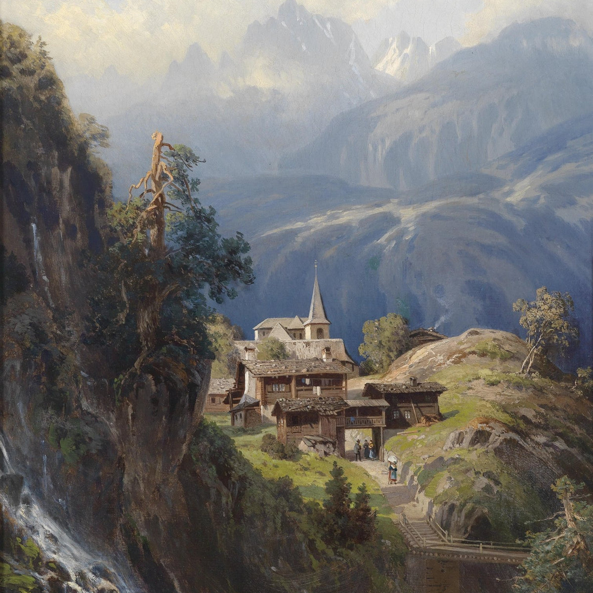 Landscape Oil Painting - Alpine Mountain Village: Waterfall, Church & Peaks - Oil Painting Haven