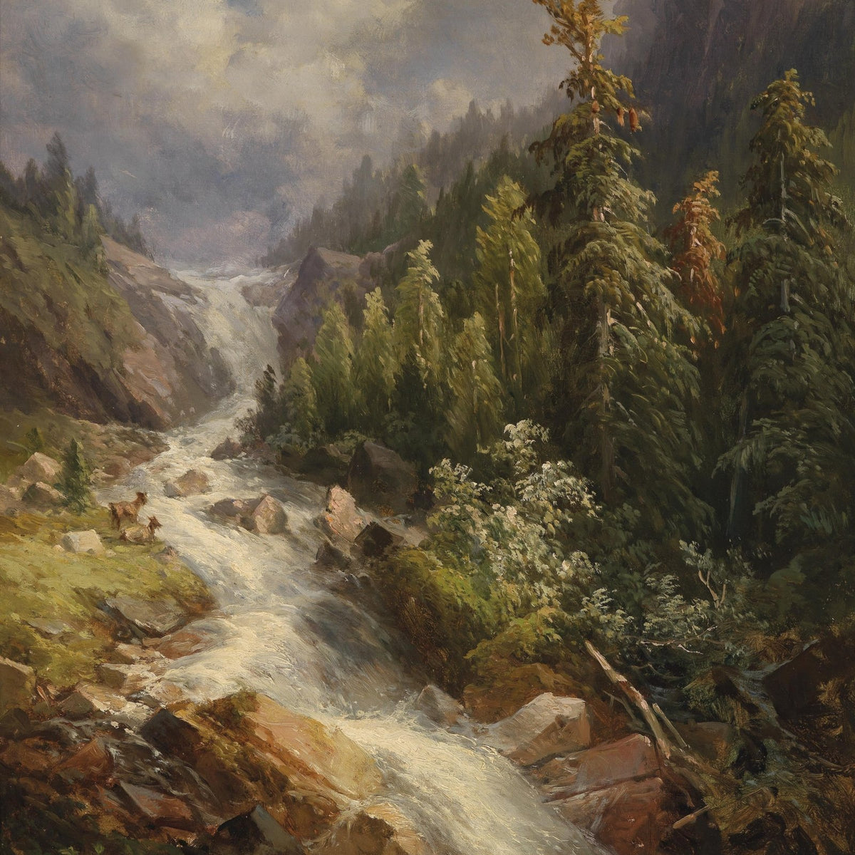 Landscape Oil Painting - Alpine Mountain Waterfall: Forest, Rapids - Oil Painting Haven