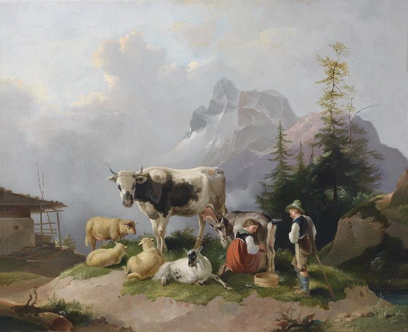 Landscape Oil Painting - Alpine Pastoral, Livestock, Girl & Snow Peaks - Oil Painting Haven