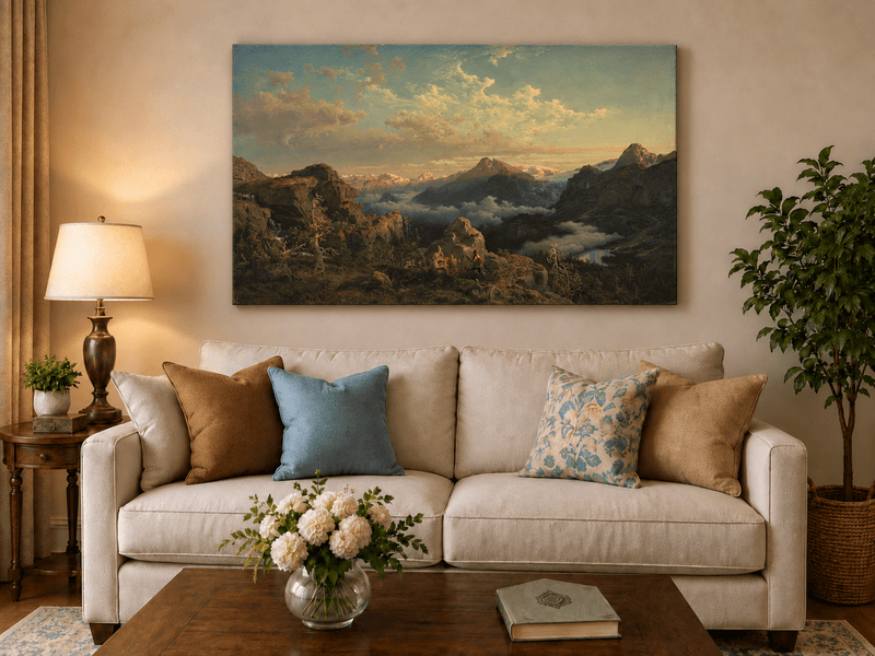 Landscape Oil Painting - Alpine Peaks Above a Cloud-Filled Valley