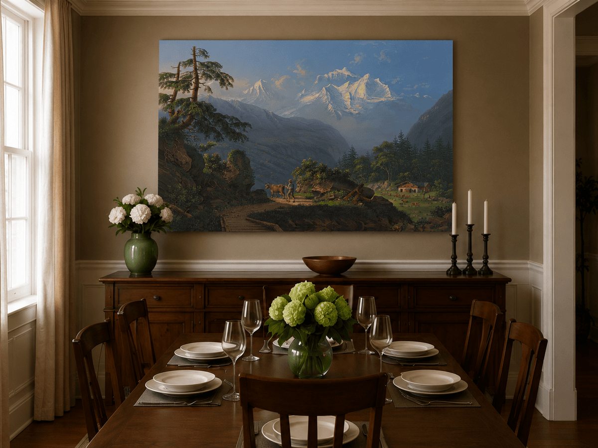 Landscape Oil Painting - Alpine Peaks and Pastoral Valley