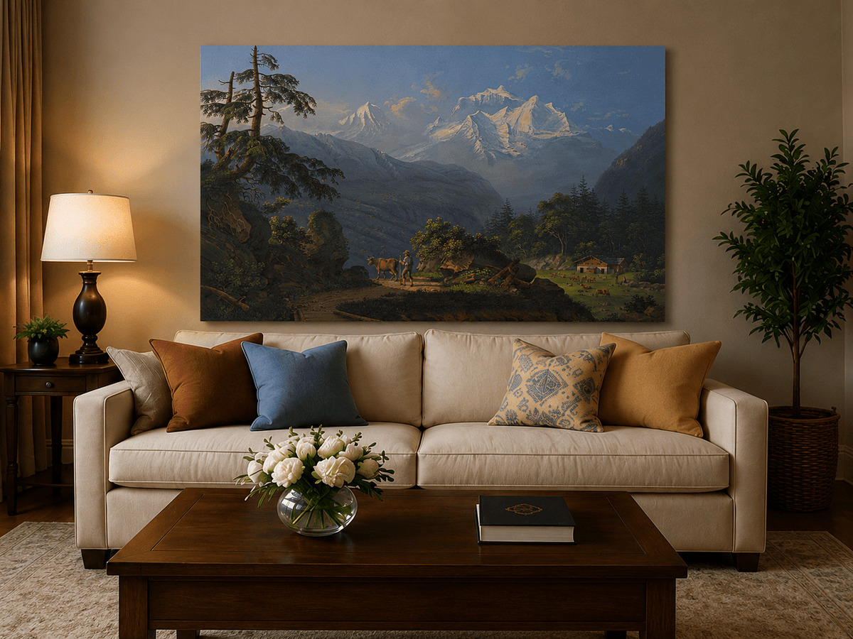 Landscape Oil Painting - Alpine Peaks and Pastoral Valley