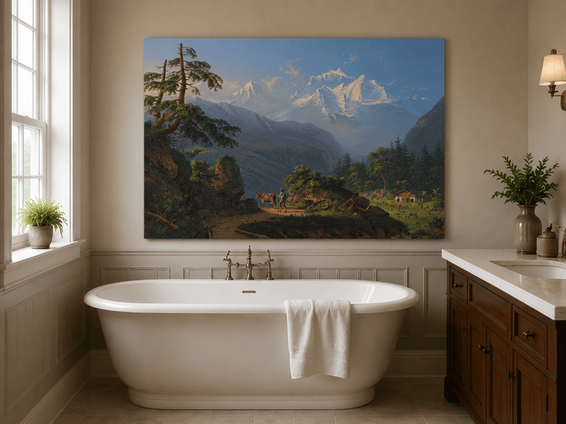 Landscape Oil Painting - Alpine Peaks and Pastoral Valley