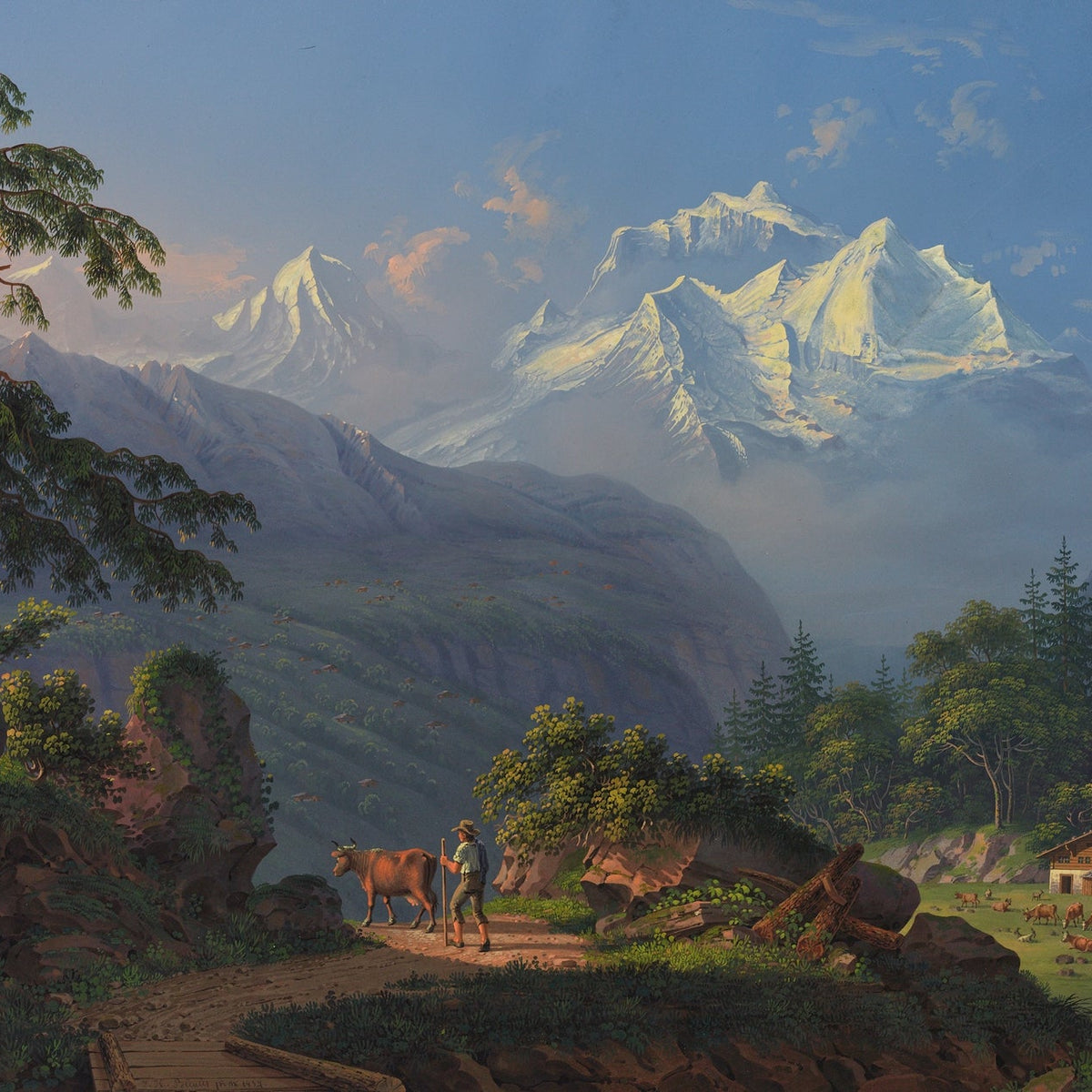 Hand-painted alpine peaks and pastoral valley landscape oil painting on canvas