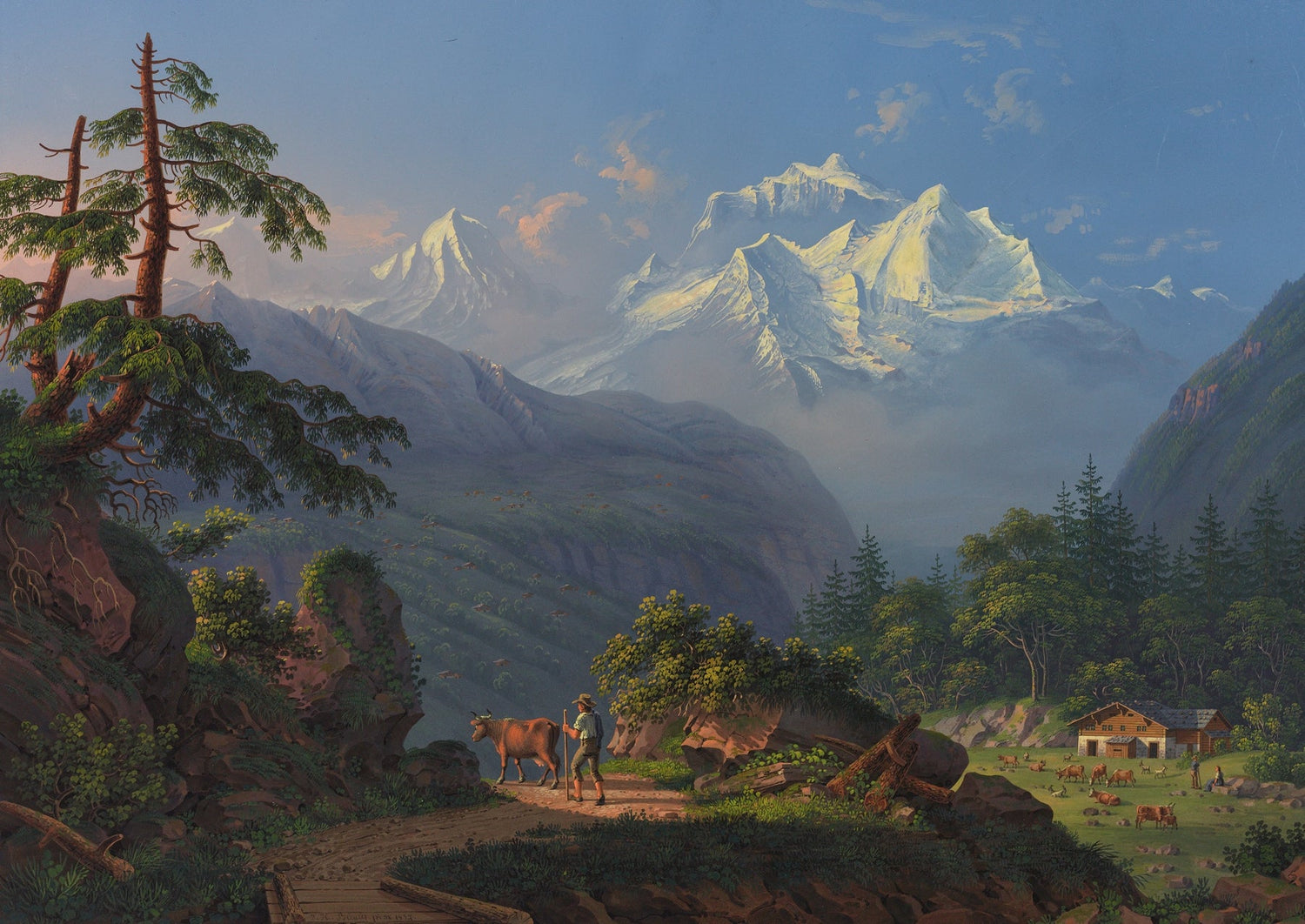 Hand-painted alpine peaks and pastoral valley landscape oil painting on canvas