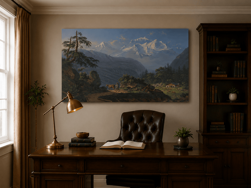 Landscape Oil Painting - Alpine Peaks and Pastoral Valley