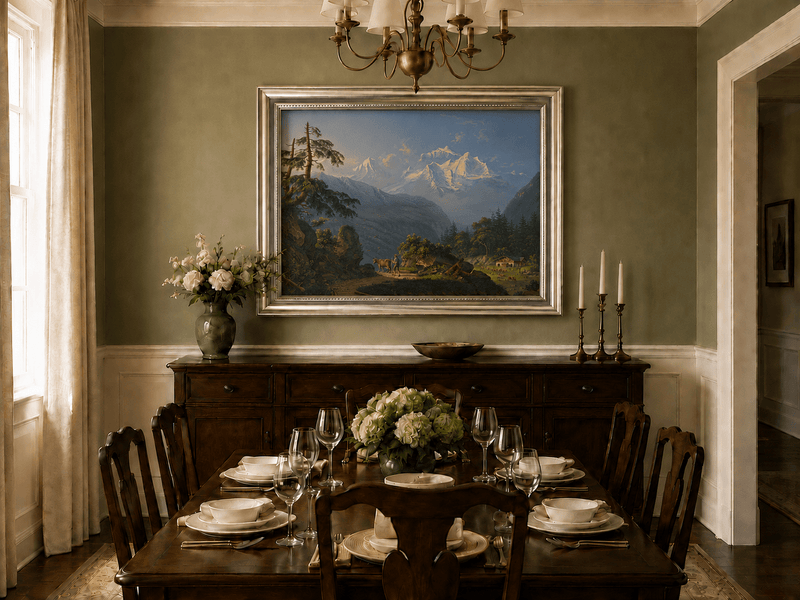 Landscape Oil Painting - Alpine Peaks and Pastoral Valley