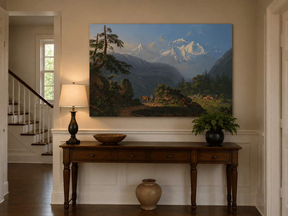 Landscape Oil Painting - Alpine Peaks and Pastoral Valley