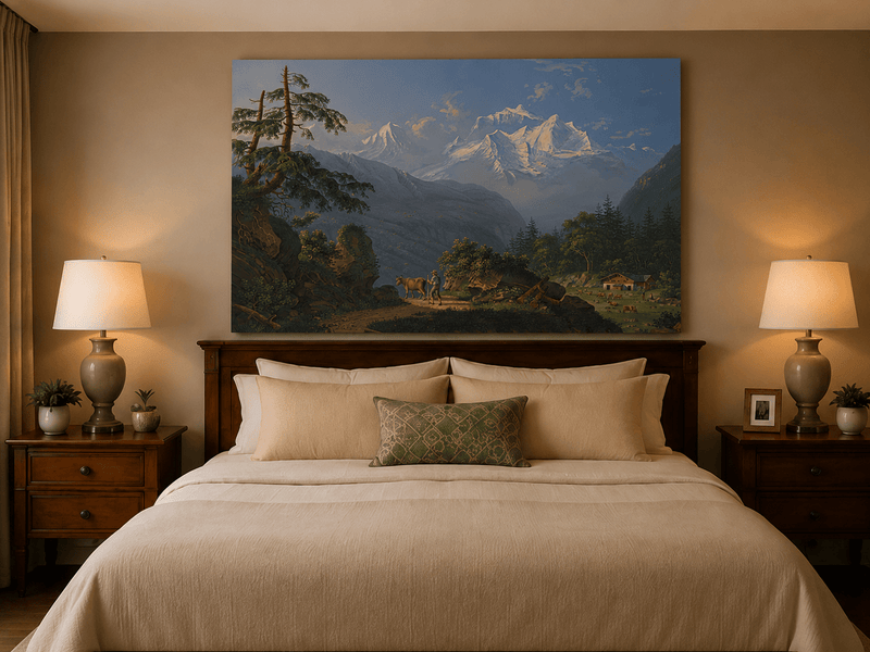 Landscape Oil Painting - Alpine Peaks and Pastoral Valley