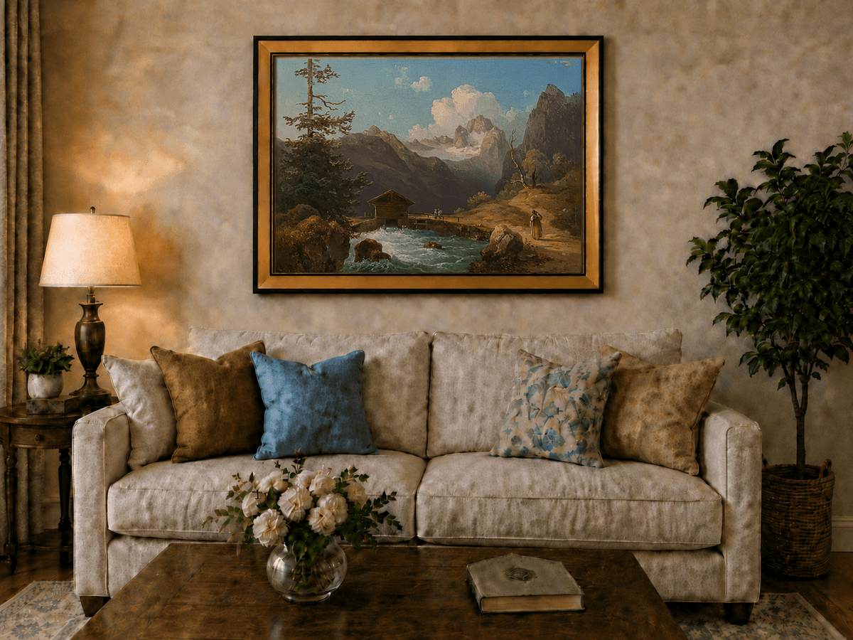 Hand-painted alpine river cabin and mountain valley landscape oil painting displayed above a sofa in a living room interior.