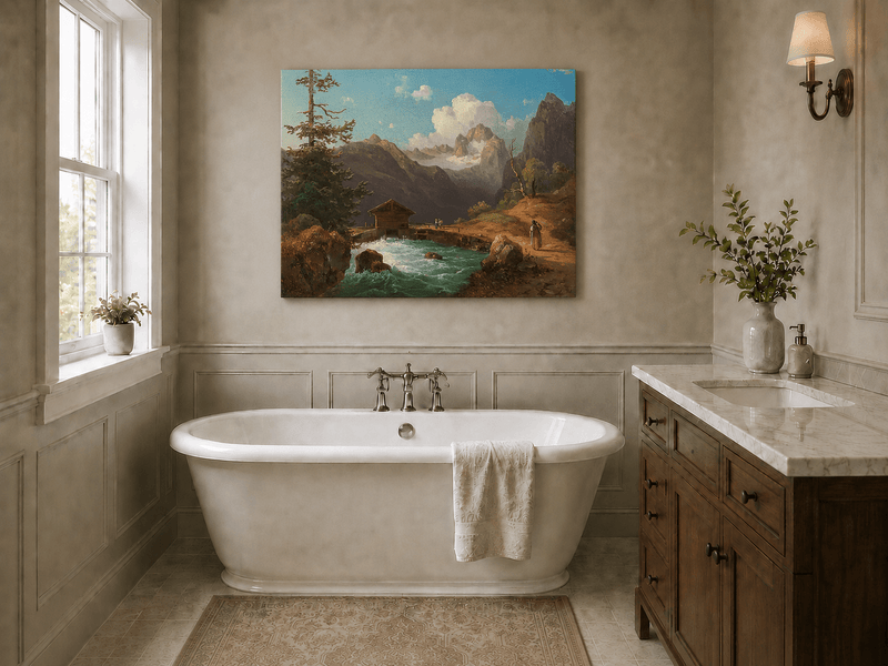 Hand-painted alpine river cabin and mountain valley landscape oil painting displayed in a bathroom interior above a bathtub.