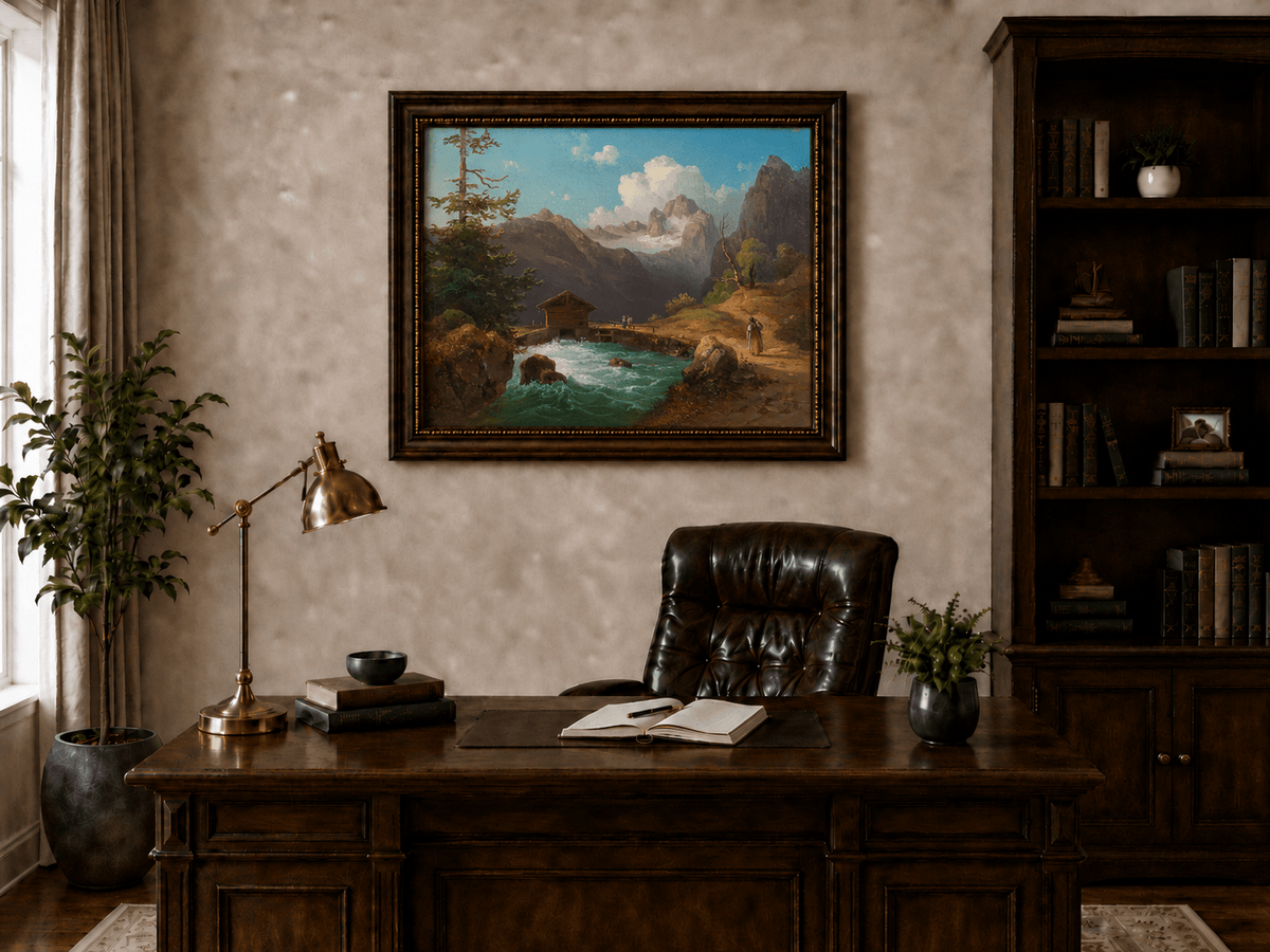Hand-painted alpine river cabin and mountain valley landscape oil painting displayed above a desk in a home office interior.
