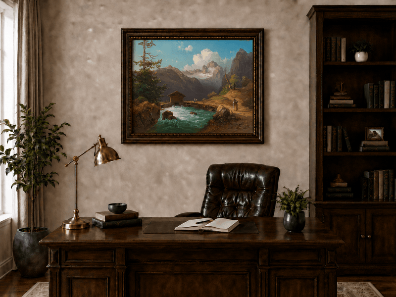 Hand-painted alpine river cabin and mountain valley landscape oil painting displayed above a desk in a home office interior.