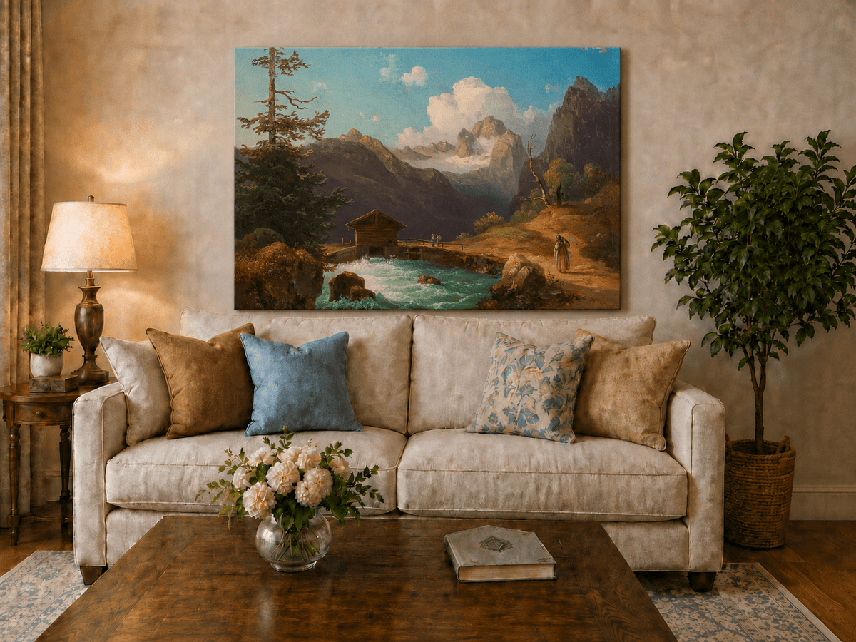 Hand-painted alpine river cabin and mountain valley landscape oil painting displayed above a sofa in a living room interior.