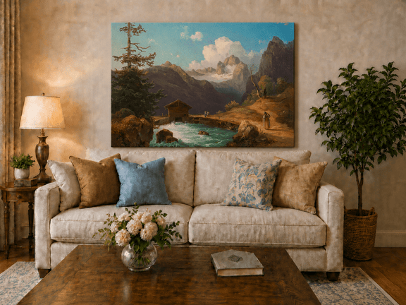 Hand-painted alpine river cabin and mountain valley landscape oil painting displayed above a sofa in a living room interior.
