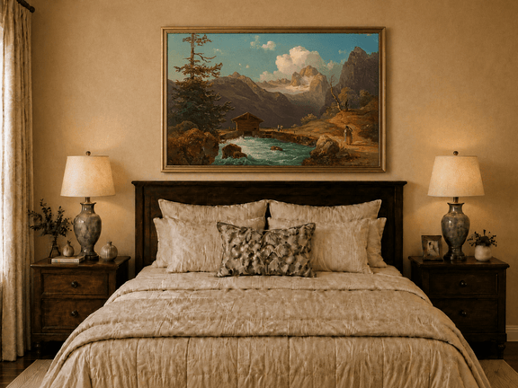 Hand-painted alpine river cabin and mountain valley landscape oil painting displayed above a bed in a bedroom interior.