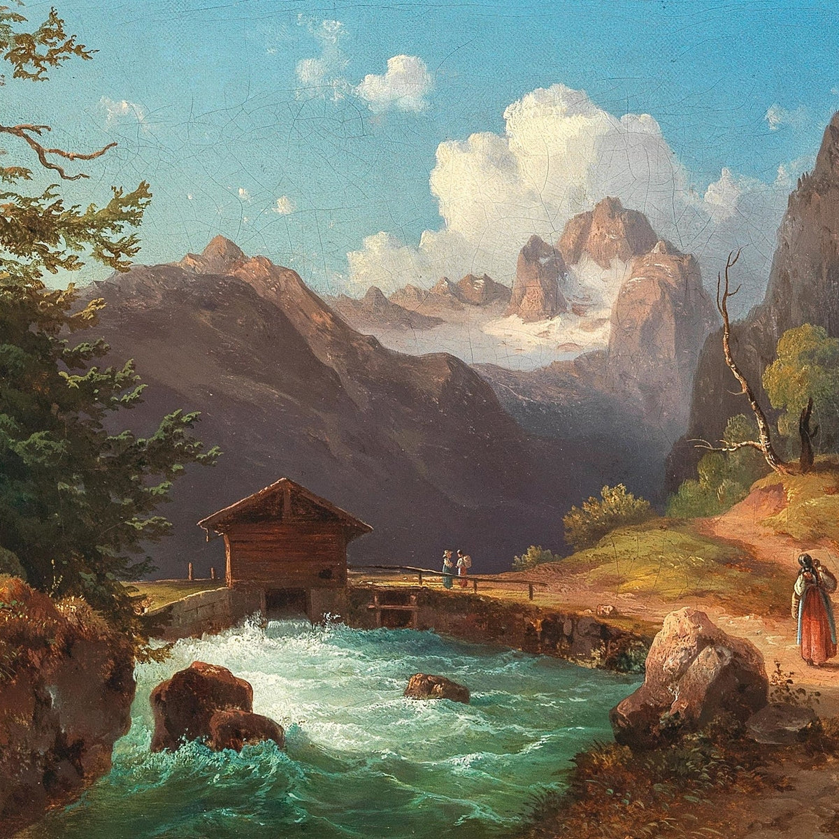 Hand painted oil on canvas landscape painting showing alpine river flowing past wooden cabin and bridge, textured brushwork. - Add Frame, Alpine, Canvas, Cottage, Hand Painted, Landscape, Made To Order, Mountain, Oil Painting, River