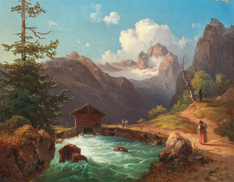 Hand painted oil on canvas landscape painting showing alpine river flowing past wooden cabin and bridge, textured brushwork. - Add Frame, Alpine, Canvas, Cottage, Hand Painted, Landscape, Made To Order, Mountain, Oil Painting, River