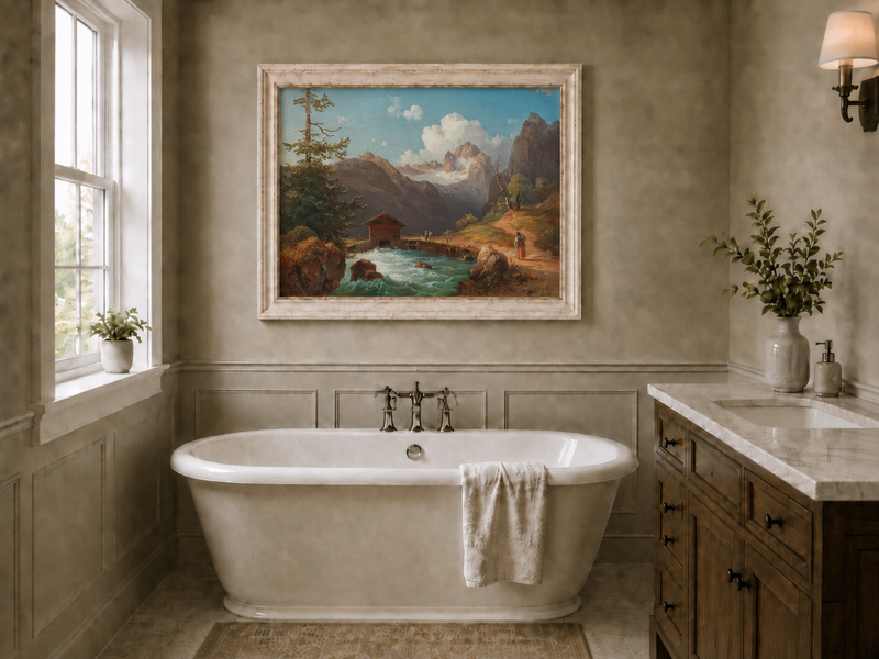 Hand-painted alpine river cabin and mountain valley landscape oil painting displayed in a bathroom interior above a bathtub.