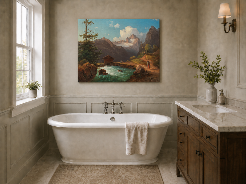 Hand-painted alpine river cabin and mountain valley landscape oil painting displayed in a bathroom interior above a bathtub.