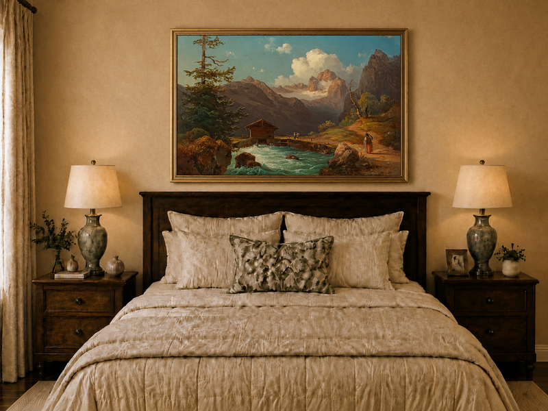 Hand-painted alpine river cabin and mountain valley landscape oil painting displayed above a bed in a bedroom interior.