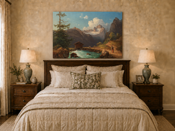 Hand-painted alpine river cabin and mountain valley landscape oil painting displayed above a bed in a bedroom interior.