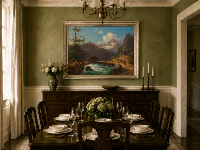 Hand-painted alpine river cabin and mountain valley landscape oil painting displayed in a dining room interior.