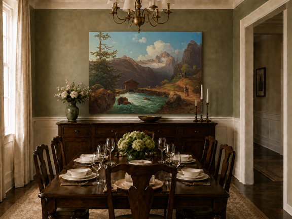 Hand-painted alpine river cabin and mountain valley landscape oil painting displayed in a dining room interior.