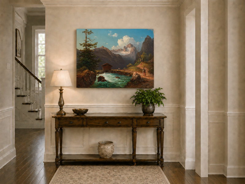 Hand-painted alpine river cabin and mountain valley landscape oil painting displayed above a console table in a hallway interior.