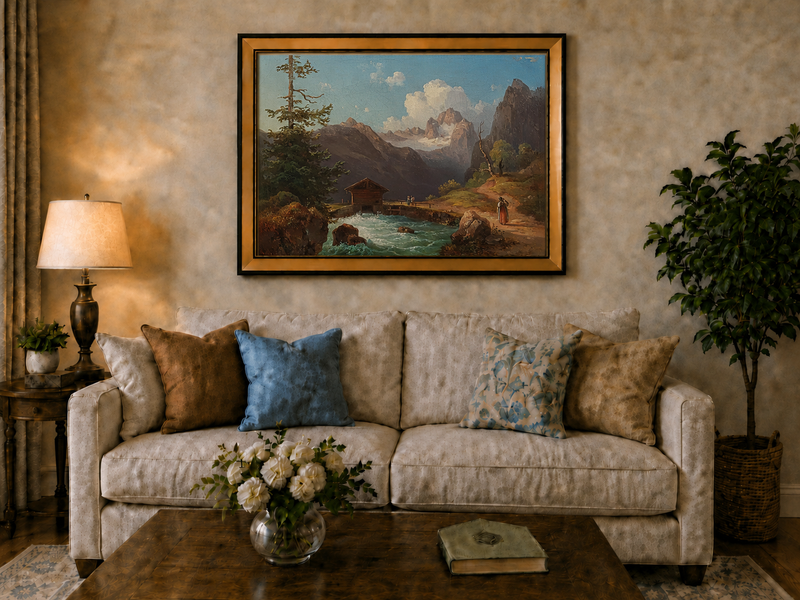 Hand-painted alpine river cabin and mountain valley landscape oil painting displayed above a sofa in a living room interior.