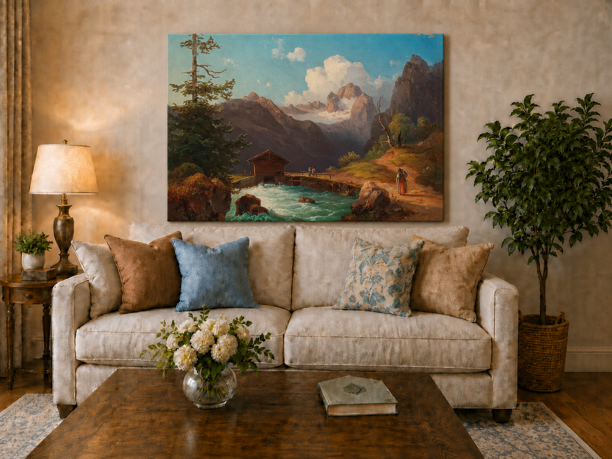 Hand-painted alpine river cabin and mountain valley landscape oil painting displayed above a sofa in a living room interior.