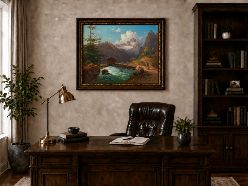 Hand-painted alpine river cabin and mountain valley landscape oil painting displayed above a desk in a home office interior.