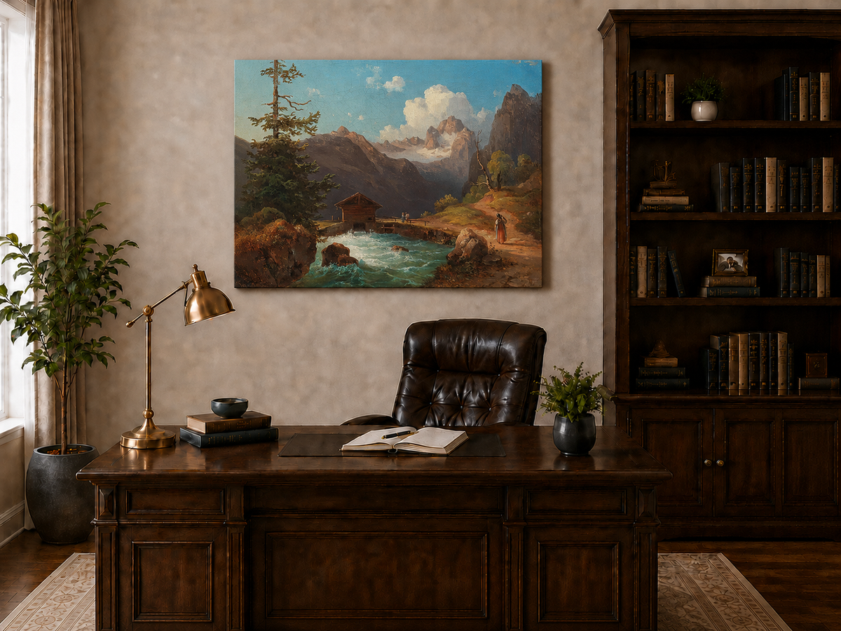 Hand-painted alpine river cabin and mountain valley landscape oil painting displayed above a desk in a home office interior.