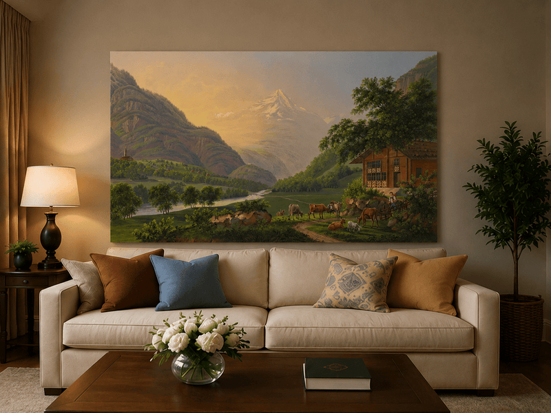 Landscape Oil Painting - Alpine River Valley with Cows and Chalet