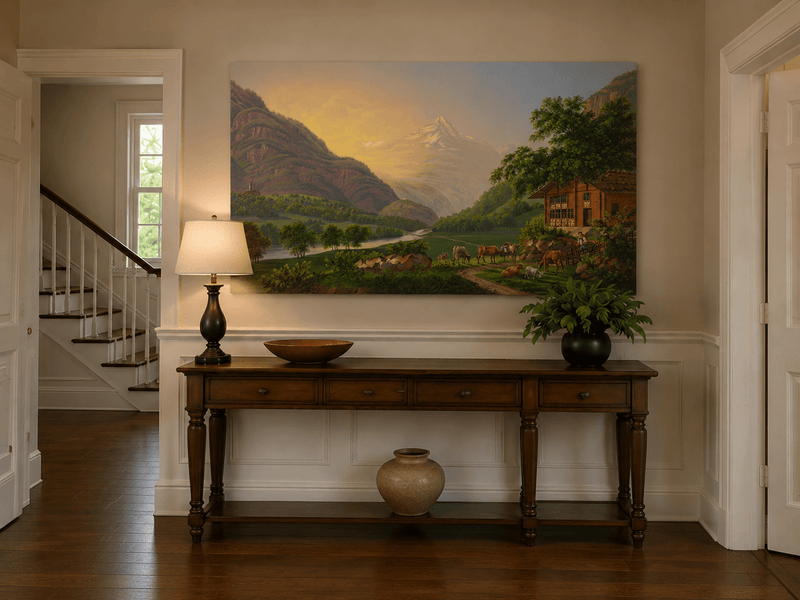 Landscape Oil Painting - Alpine River Valley with Cows and Chalet