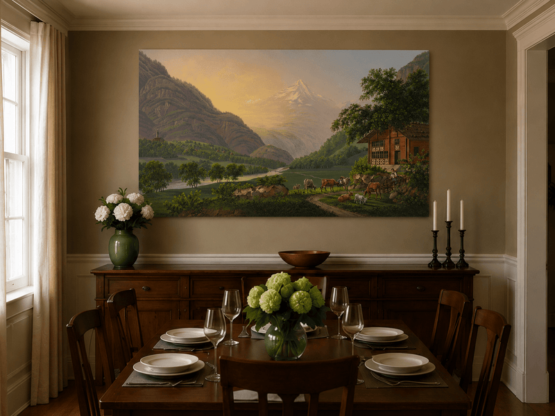 Landscape Oil Painting - Alpine River Valley with Cows and Chalet