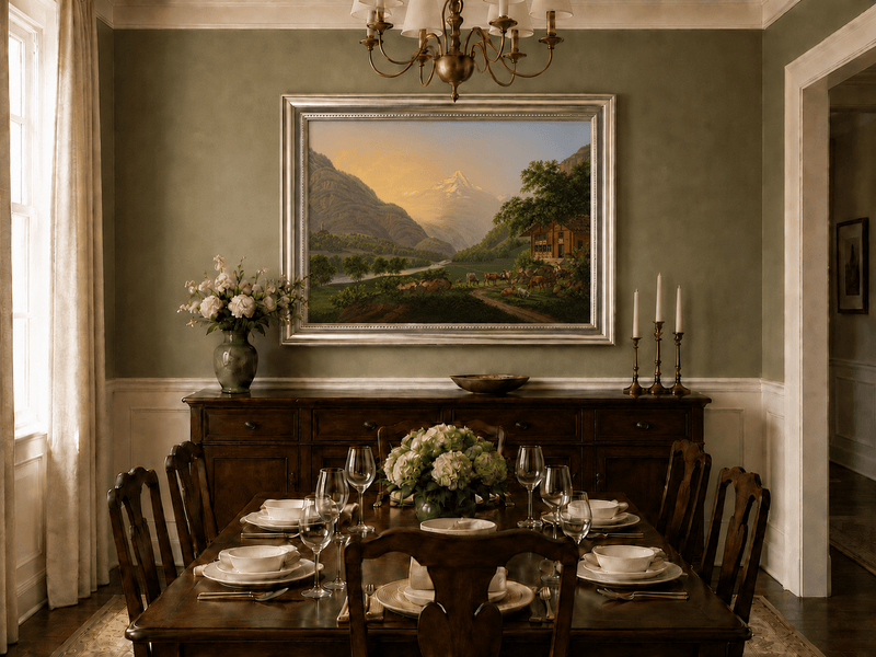 Landscape Oil Painting - Alpine River Valley with Cows and Chalet