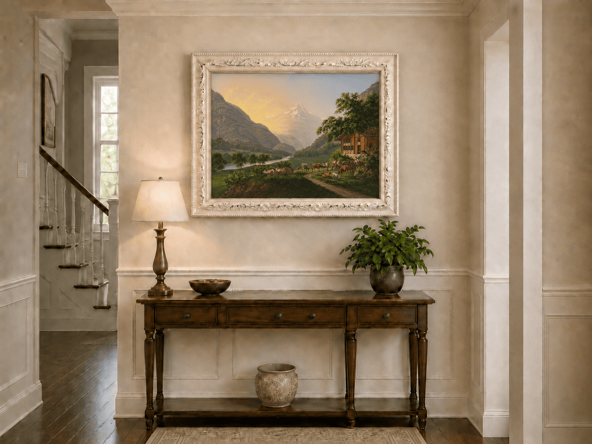Landscape Oil Painting - Alpine River Valley with Cows and Chalet