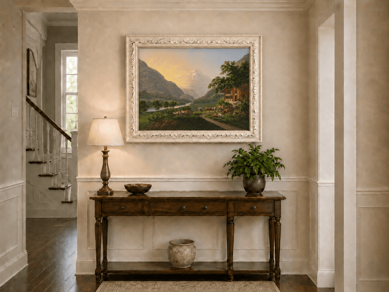 Landscape Oil Painting - Alpine River Valley with Cows and Chalet