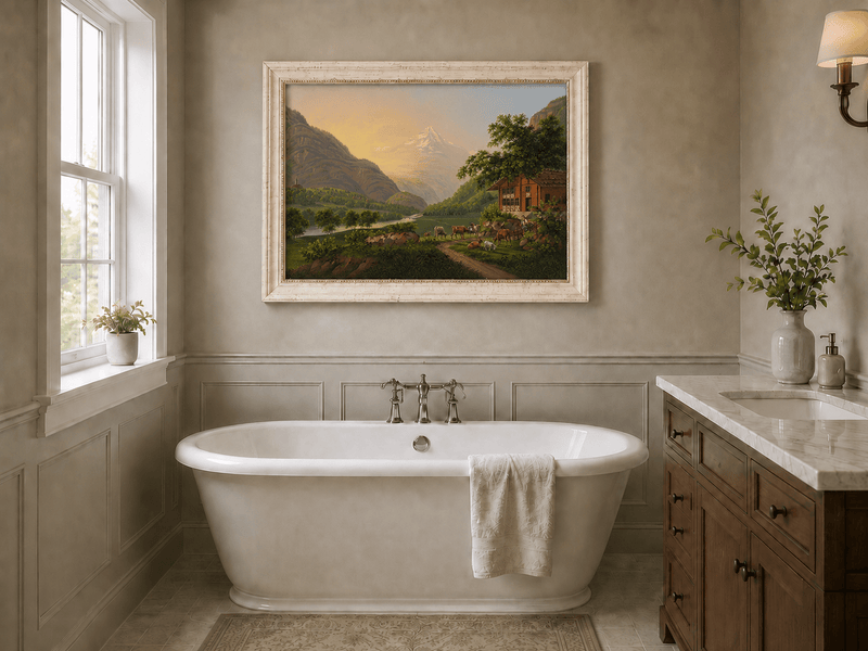 Landscape Oil Painting - Alpine River Valley with Cows and Chalet